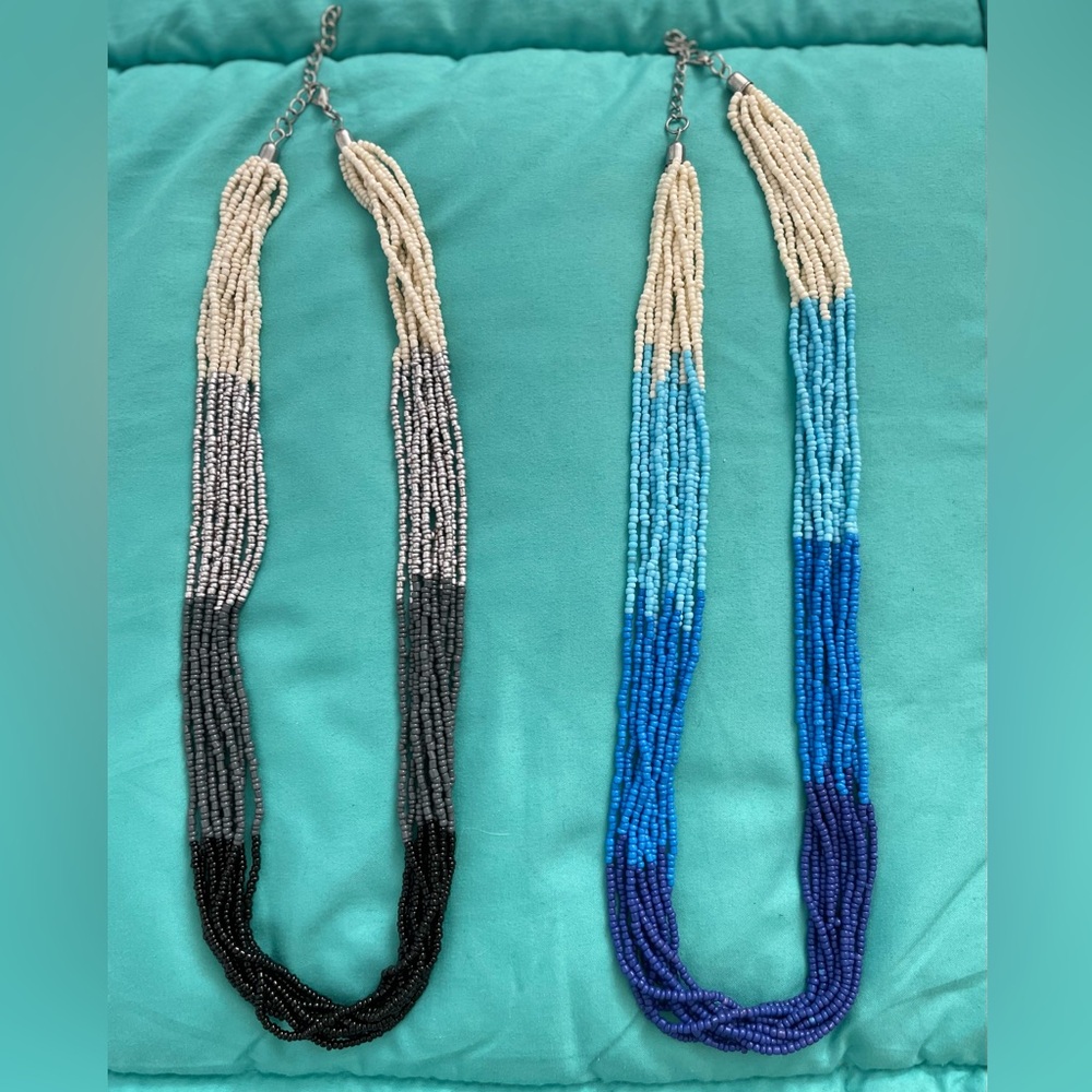 2 Beaded Necklace Sets- Black, & Gray and Blues & Cream